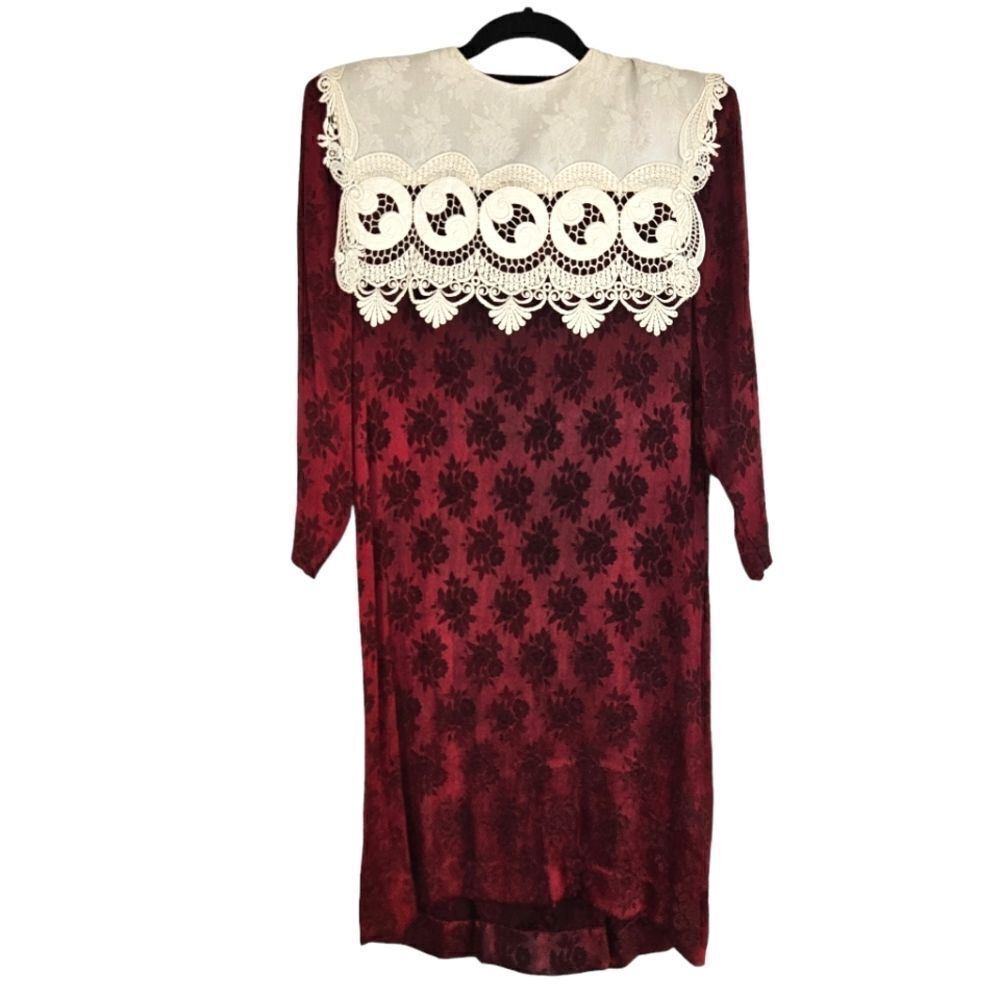 Vintage Jessica McClintock '80s Burgundy Damask Wide Lace Collar Shift Dress 8